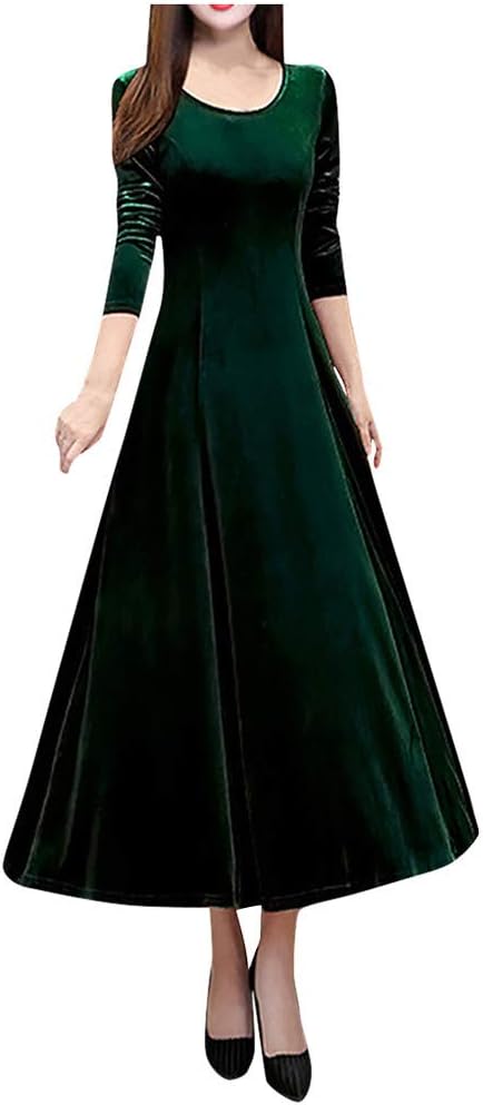 O-Collar Solid Velvet Long Sleeve Dress Fashion Women Swing Skirt