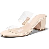 Coutgo Women's Clear Heeled Sandals Transparent Two Strap Chunky Block Heels Mules Open Toe Slip On Dress Shoes