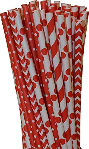 Paper Straws, Biodegradable, Red color with different designs, Box of 144 straws