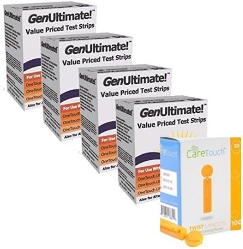 Genultimate Blood Glucose Test Strips for Use with One Touch Ultra, Ultra 2 and Ultra Mini Meter, 200 ct Strips (2 boxes of 100) with 100 Lancets by Care Touch 30g