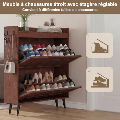 ELUREVIA Meuble à Chaussures à 2 Abattants, Armoire à Chaussures Étroit Style Campagne, Capacité 12 à 16 Paires, Rangement pour Entrée, Salon et Couloir, Noyer