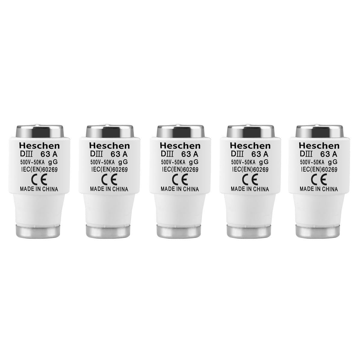 Heschen Ceramic Neozed Fuse Links, DIII Type Fuse Link, 63A 500VAC, gG Type, for Cable and Line Protection, 5PCS