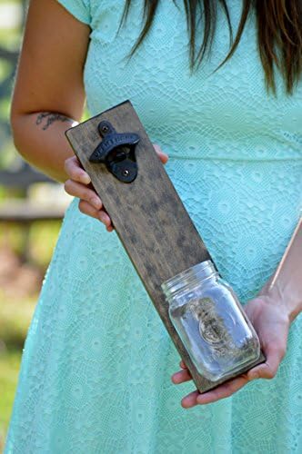 Wall Mounted Bottle Opener with Cap Catcher Mason Jar Decor Rustic Wood Beer Bottle Opener Groomsmen Gift Rustic Bar Ware