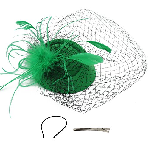 Wheebo Fascinator Hat Flower Feather Mesh Veil Wedding Tea Party Derby Cocktail Hat Headwear for Women Lady Girls (D-Forest Green)