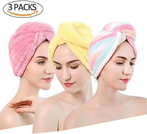 Aigerek 3 Pack Hair Drying Towel Microfiber Elastic Fast Drying Hair Cap Long Hair Wrap Absorbent Twist Turban Red Yellow Stripe