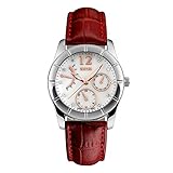 J.Market Womens Quartz Watch 50 Meters Waterproof Quartz Fashionable Watch Lady with Genuine Leather Band (Red)