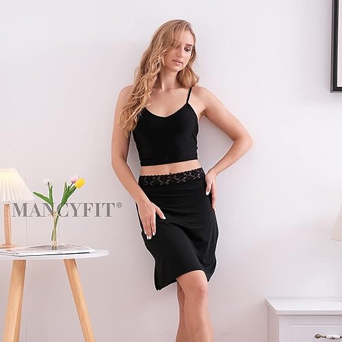 MANCYFIT Half Slips for Women Underskirt Short Mini Skirt with Floral Lace  Waistband Black Medium