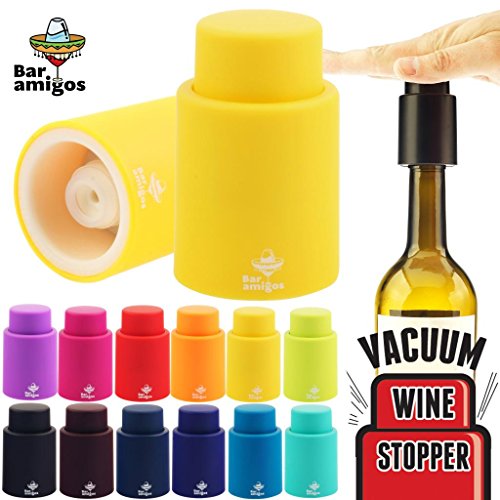Click Here to See More Images Bar Amigos Vacuum Wine Stopper Yellow - Saver Pump Sealer Red Or White Wine Preserver - Perfect For People Who Like Cooking With Wine, Restaurants And Bars