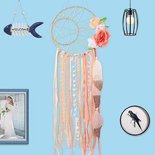 TBhappy Boho Dream Catcher with Glitter Gold Feather and Flowers, Handmade Coral Dream Catcher Macrame Wall Hanging for Romantic Wedding and Kids Bedroom Decoration, 25 x 9.5inch (64 x 24cm)