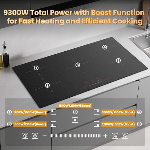 Induction Hob 5 Burners – Anti-Smudge Matte Glass, 90 cm Induction Plate with Boost Function, 9 Power Levels, Timer 1-99 Min, Child Safety, 9300 W