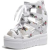 MIOKE Womens Floral Wedge Platform Sandals Gladiator Peep Toe Chunky High Hidden Heel Zipper Caged Bootie
