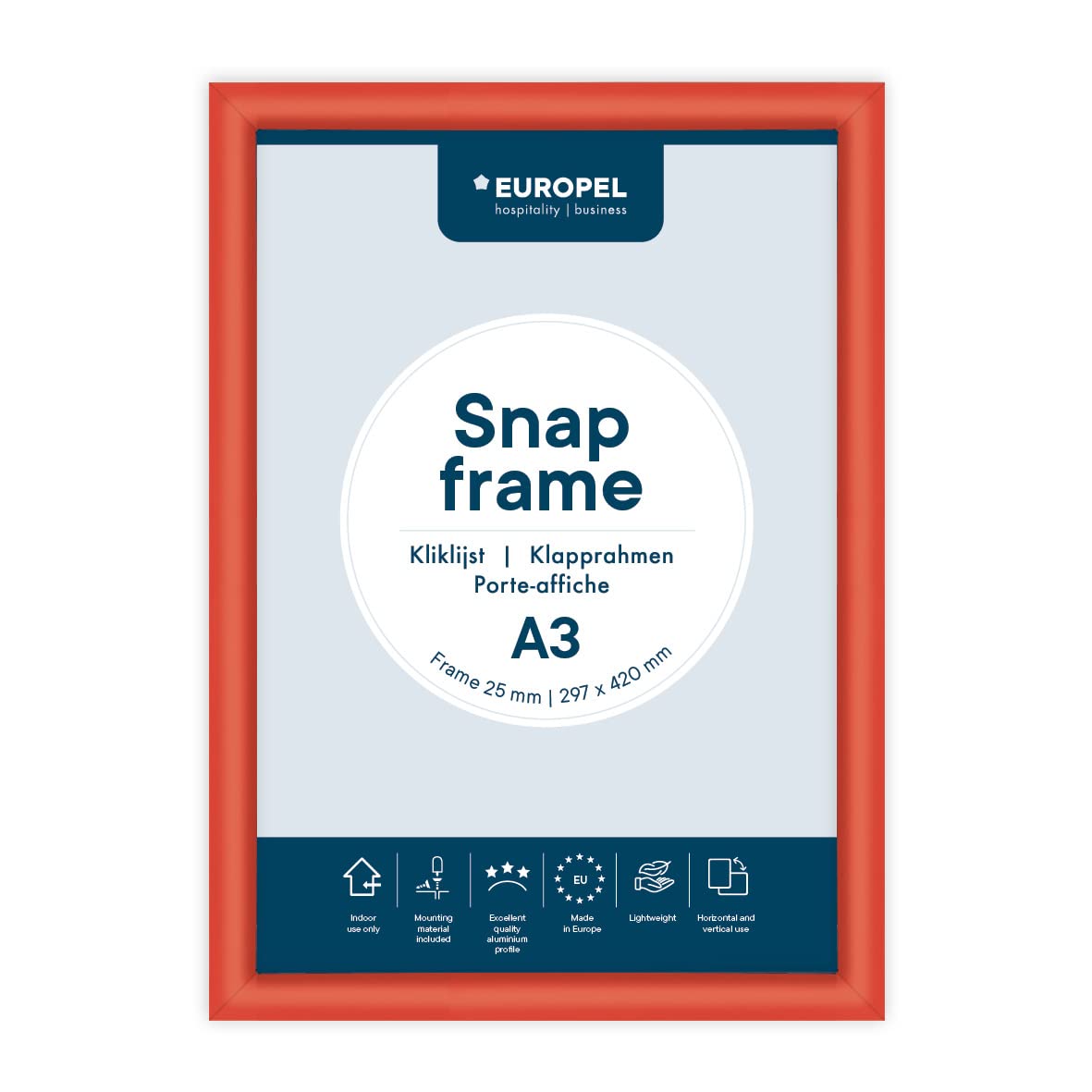 EUROPEL lightweight Snap frame A3, Profile 25x11 mm, Color red, Anodized aluminum, anti-reflective protector, External dimensions 328x451 mm, Grey polystyrene back