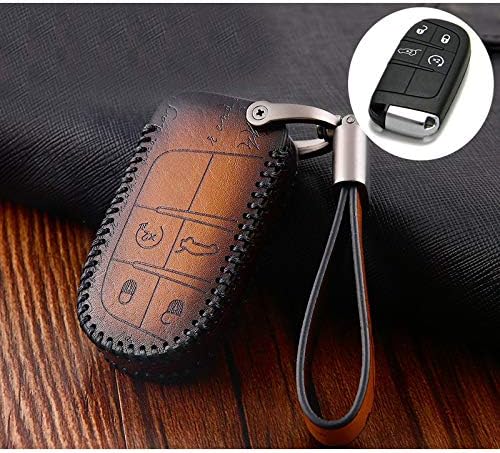 Atonix Retro Genuine Cowhide Leather Keyless Entry Remote Key Fob Cover Case Fit for 4 Buttons Grand Cherokee Compass Renegade Wrangler Patriot (Brown)