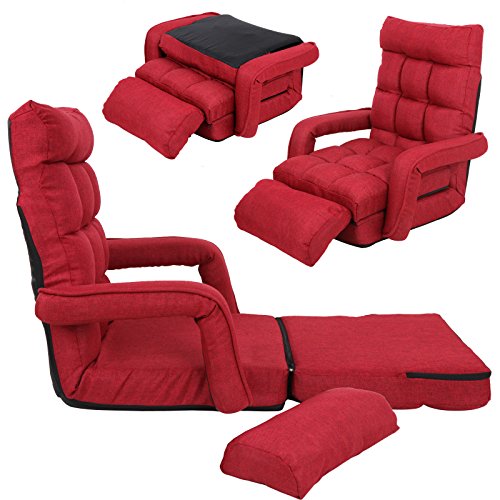Red Adjustable Folding Lazy Sofa Floor Chair Sofa Lounger Bed w/ Armrests & Pillow For Leisure