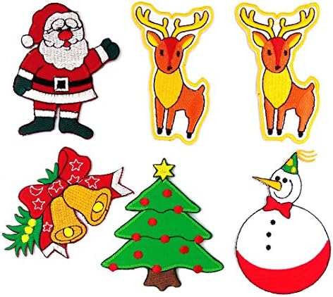 SANTA-SET-003 Christmas Patches, 6 Pcs of Applique Embroidered Patches - Iron on Patches - Santa (6x8cm.), Bell (8.5x5cm.), Christmas Tree (7x8cm.), Snowman (5.5x8.5cm.), Reindeer (5x8cm.)