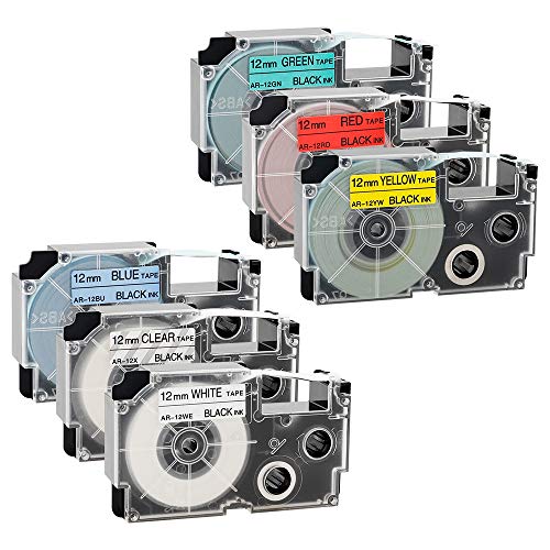 Label Maker Tape 12mm, Compatible with CASIO XR-12X XR-12WE XR-12RD XR-12BU XR-12YW XR-12GN for KL1500 KL2000 KL7000 KL7200 KL-100 KL120 KL60 KL-750B Label Maker (1/2" x 26.2') - 6 Pack