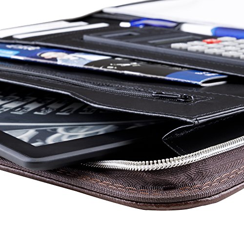 Careli Business Padfolio Portfolio with BONUS Wallet + Calculator + Writing Pad, Stylish Brown Faux Leather Resume Holder Organizer with Zippered Closure, Multiple Pockets, #1 Gift for Professionals
