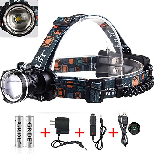 Best Rechargeable Led Headlamp:Zoomable 3 Modes CREE XM-L T6 Headlamp +2x18650 Rechargeable Batteries+ Wall Charger+Car Charger+ USB Cable ; Perfect for Working ,Camping, Hunting-Light Weight &Comfortable-One Year Warranty(Dark Black)