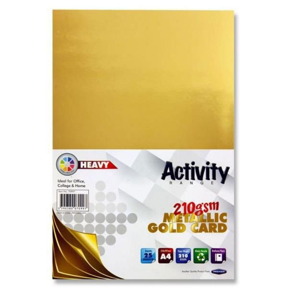 Premier Stationery A4 Metallic Gold Card (210gsm)- Pack of 25, A4 Card for printers, Perfect for kids art & craft card making activities, DIY Crafts, Scrapbooking and much more
