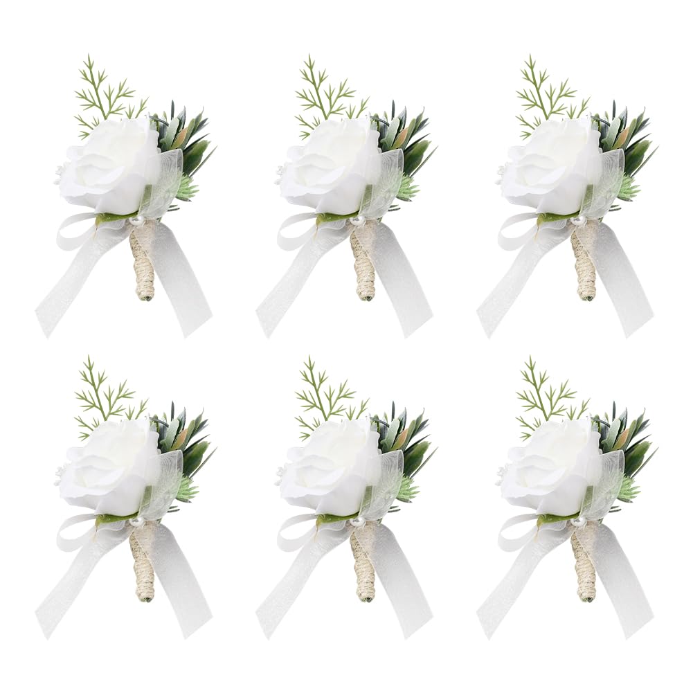 CRASPIRE Set of 6 White Rose Boutonnieres Groom and Best Man Boutonniere Rose Leaves Corsage Men Set for Groom Groomsmen Wedding Prom