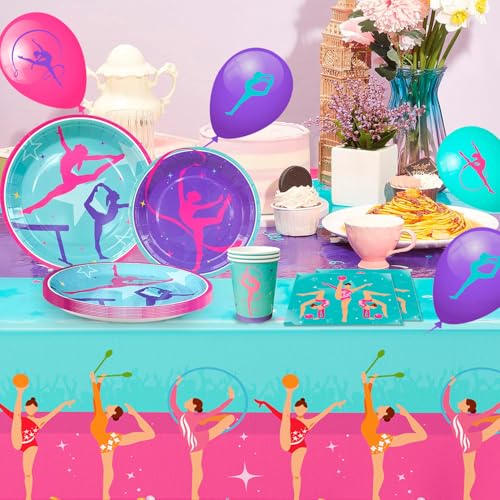 104pcs Gymnastics Party Decorations, Tableware & Gymnastics Birthday Party Decoration – Banner of Gymnastics Balloons Plate Tablecloth etc Supplies for Gymnastics Birthday Parties