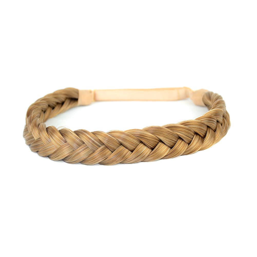 BOBIYA 2 Strands Synthetic Hair Braided Headband Classic Chunky Plaited Braids Elastic Stretch Hairpiece for Women Girl (Caramel Blonde)