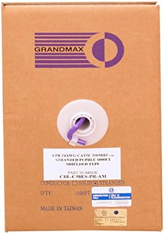 Grandmax CAT5e 350MHz Shielded Stranded Ethernet PVC Bulk Cable, 1000ft, Wire UTP Pull Box, CMR Rated, 100% Copper, 4 Pair, 24 AWG/ 1000FT/ PURPLE