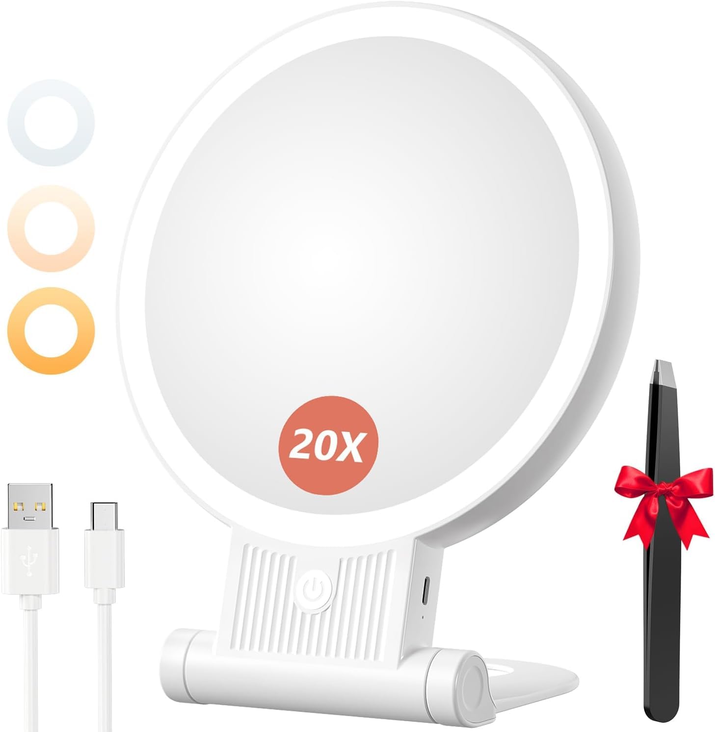 Auxmir 20X Magnifying Mirror, Double Sided 1X /20X Makeup Mirror with Light, Folding Lighted Rechargeable Beauty for Travel, Rotating 3 Color Lights, Dimmable Touch Screen
