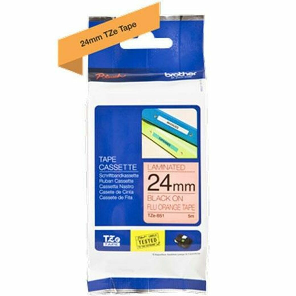 Brother TZe-B51 Labelling Tape Cassette, Black on Fluorescent Orange, 24 mm (W) x 5 m (L), Laminated, Brother Genuine Supplies — image 1