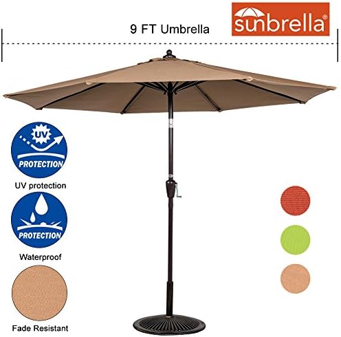 Sundale Outdoor 9 Ft Sunbrella Fabric Patio Garden Market Umbrella, Push Button Tilt and Crank (Camel)