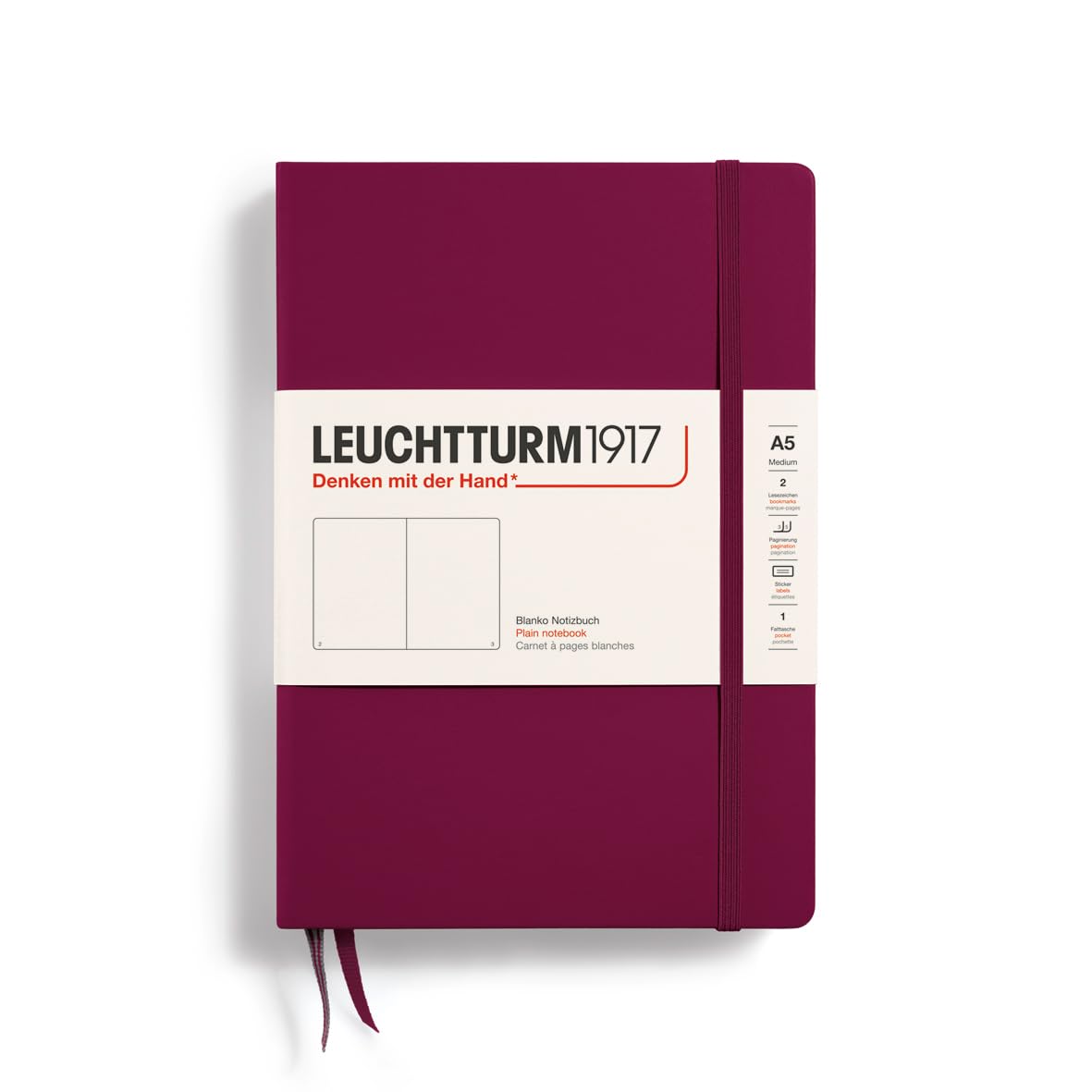 LEUCHTTURM1917 Notebook Medium (A5), Hardcover, 251 Numbered Pages Port Red, Plain