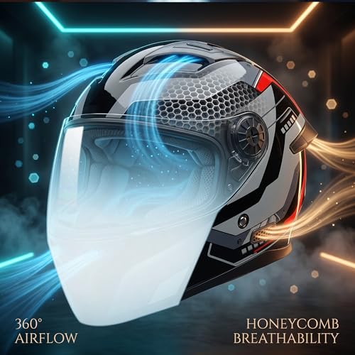 Aishini Vintage Dashing ISI Certified Open Face JET Helmet for Men and Women with Inner Sun Shield ( Dual Visor Mechanism ) Comfortable Breathable Lining [ Free Size ] Quick Release Buckle - GIFT Box