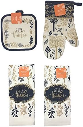 Thanksgiving and Fall Themed Kitchen Towels, Oven Mitt, and Potholder 4 Piece Bundle Set (Give Thanks)