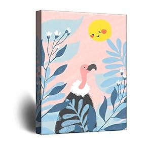Cute Cartoon Animals Canvas Wall Art - Lady Vulture Among The Flowers with Smily Sun - Giclee Print Gallery Wrap Kid