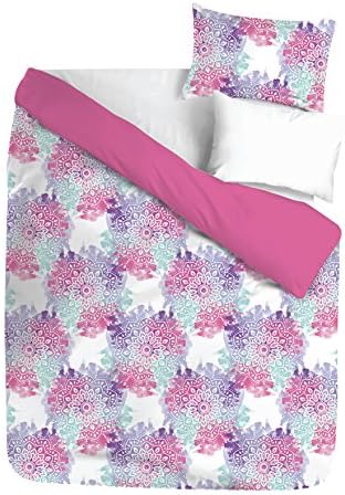 2 Piece Girls White Blue Purple Pink Mandala Themed Comforter Twin Set, Vibrant Boho Chic Medallion Motif Bedding, Bright Intricate Bohemian Floral Flower Pattern, Polyester