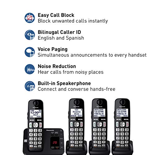 PANASONIC DECT 6.0 Expandable Cordless Phone System with Answering Machine and Call Blocking - 4 Handsets - KX-TGE434B (Black)
