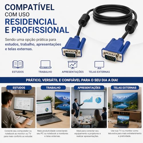 Cabo Vga 1,5m Macho X Macho Com Filtro Para Monitor Pc Tv Projetor Notebook 15 Pinos Conexão Estável Imagem Nítida Compatível Com Tela Externa Uso Residencial Profissional Full HD
