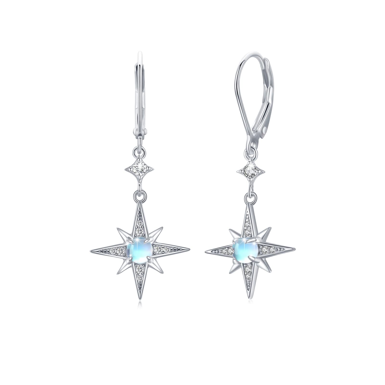 Moonstone Earrings Star Earrings 925 Sterling Silver Moonstone Drop Earrings Eight Pointed Star Hanging Earrings Rainbow Moonstone Jewellery for Women Daughter Lover Ladies