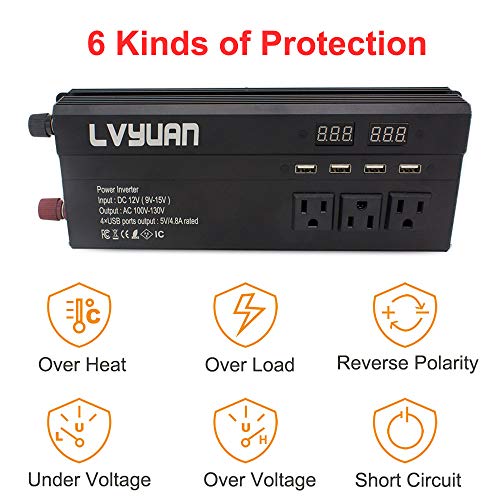 Cantonape 1000W/2000W(Surge) Car Power Inverter DC 12V to 110V AC with 5 Outlets, 4 USB Ports and Input Output LED Display