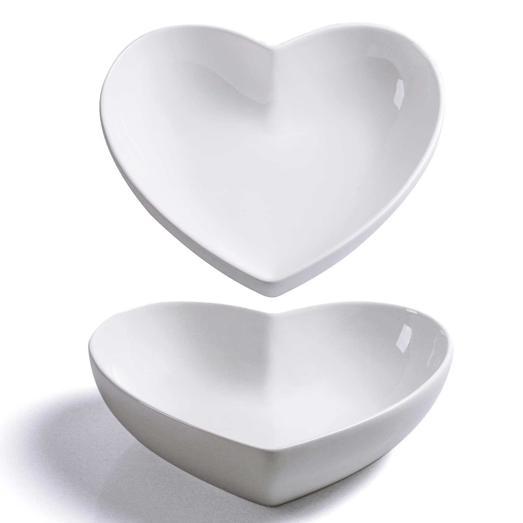 Keponbee 2pcs Porcelain Heart Shaped Bowl Large Dessert Bowls Heart Plates Set Deep Premium White Salad Bowl Fruit Bowl for Serving, 20cm