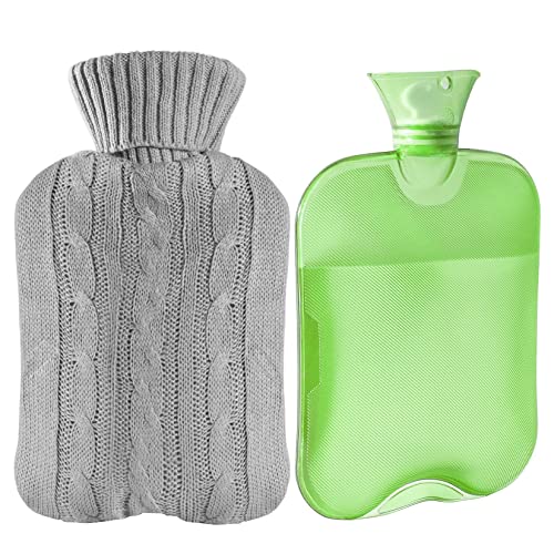 KISEER Classic Transparent Hot Water Bottle, 2 Liter Hot Water Bag with Knitted Cover for Adults or Kids (Green)