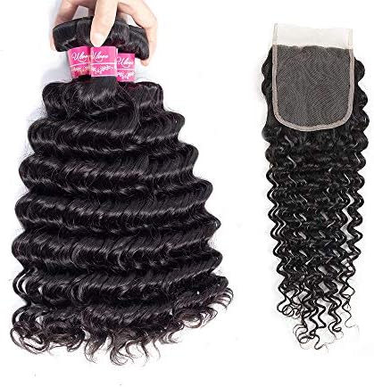 Brazilian Deep Curly Hair with Closure 8A Unprocessed Virgin Human Hair Deep Weave 3 Bundles with Free Part Closure Natural Color(12 14 16+10"closure)