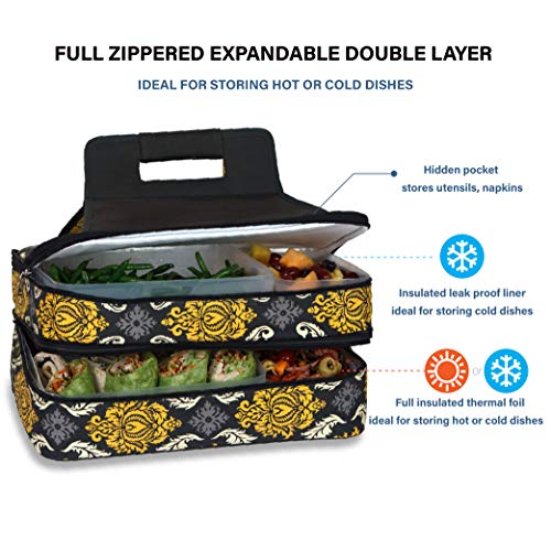 Picnic Plus 18" Casserole Carrier 2 Level Thermal Insulated Hot and Cold Food Carrier Double Layer Food Carrier Bag Potluck Carrier With Bonus Containers (Provence Flair) - Thumbnail 2