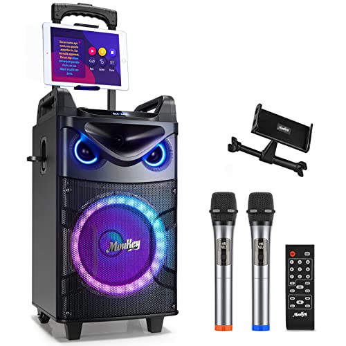 Moukey Karaoke Maschine, Große Karaoke Anlage mit 26cm Woofer & 8cm Tweeter & 2 Mikrofonen, Wiederaufladbarer Bluetooth Lautsprecher mit Lichteffekt T