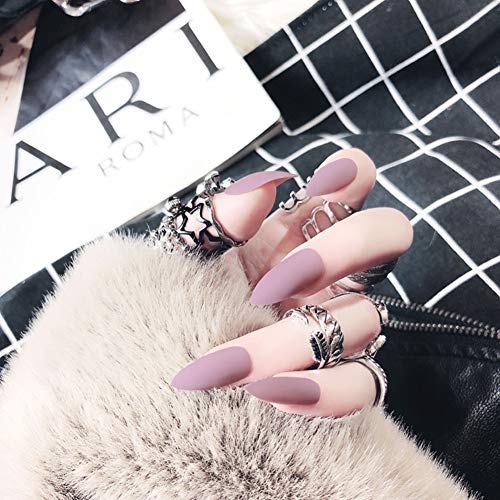 editTime 24PCS Solid Colors Acrylic Stiletto False Nails Full Cover Fake Nails Tips Natural Long Claw Nails (Matte pink purple)