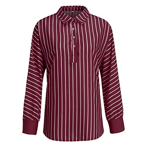 TIFENNY Tops for Woman Summer Loose Casual Striped Button Down Lapel Long Sleeve Shirts Top Blouse Dress Wine