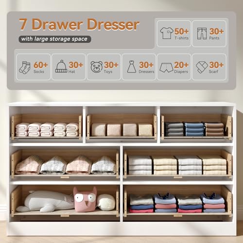 BAZELOR Dresser for Bedroom with 7 Drawer, 55” Wide White Dresser Modern Chest of Drawers with Metal Handle, Wooden TV Stand Storage Organizer for Entryway,Living Room, White
