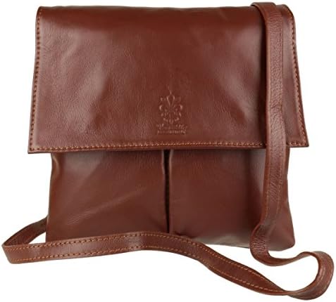 Womens Genuine Vera Pelle Double Pocket Soft Italian Leather Cross Body Shoulder Bag with Long Strap