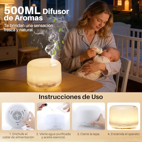 Salandens Difusor de Aceites Esenciales 500ML, Difusor de Aromas con 6 Aceites Esenciales, Humidificador de Aire con 7 Colores de Luz Led, 2 Niveles De Niebla y Control Remoto, para Casa y Oficina