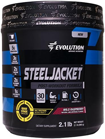 Evolution Advance Nutrition STEEL JACKET - POST WORKOUT FORMULA with Quad Phase Carb blend to Speed Recovery. +Creatine HCl+Glutamine+BCAA+Coconut Water. 960 grams 30 servings. (WILD RASPBERRY)